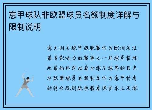 意甲球队非欧盟球员名额制度详解与限制说明