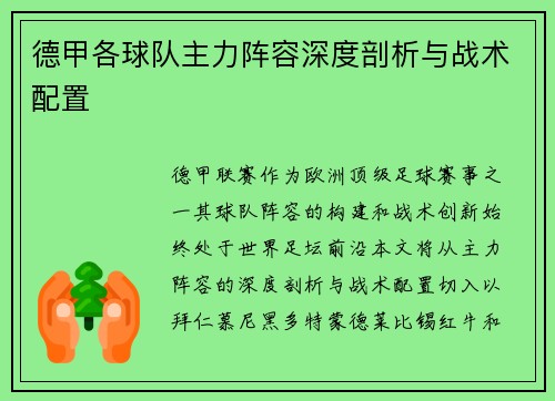 德甲各球队主力阵容深度剖析与战术配置